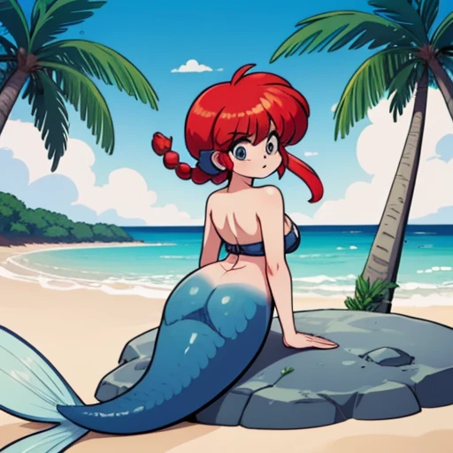 Ranmachan, Cabello rojo, Cabello con trenza, pechos muy grandes, pechos rebotando, senos abultados, bulto de senos, posando en la playa, tomando el sol, BATHING IN THE SEA, jugando en la playa, flotador de playa, en el mar, Mermaid