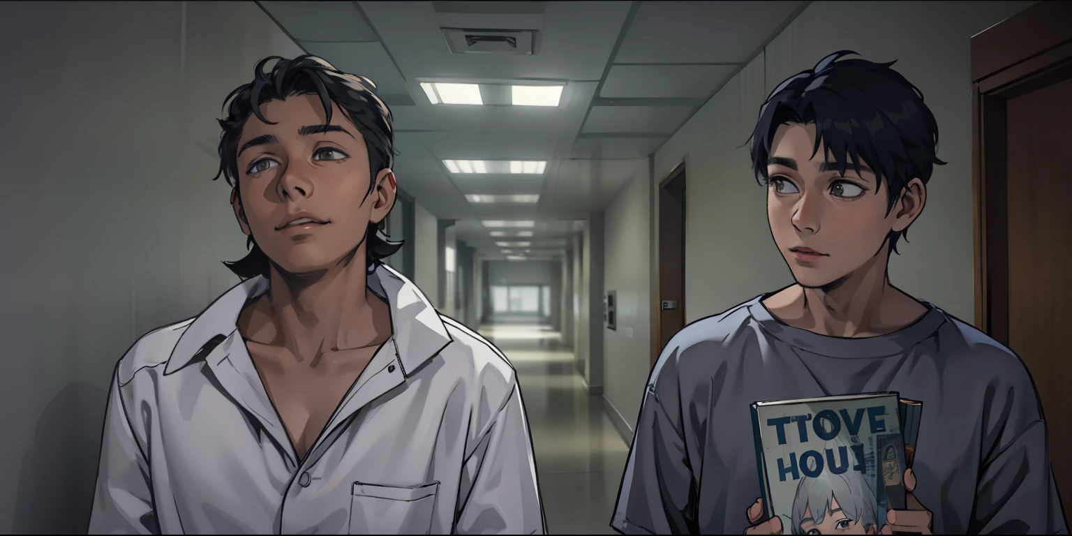 A woman of her son and a cute 14 year old boy have gray eyes and gray hair are walking down the hallway of a hospital