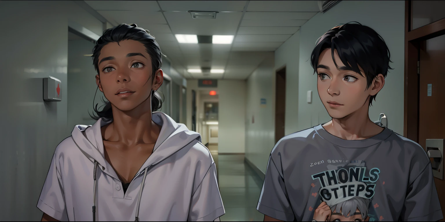 A woman of her son and a cute 14 year old boy have gray eyes and gray hair are walking down the hallway of a hospital