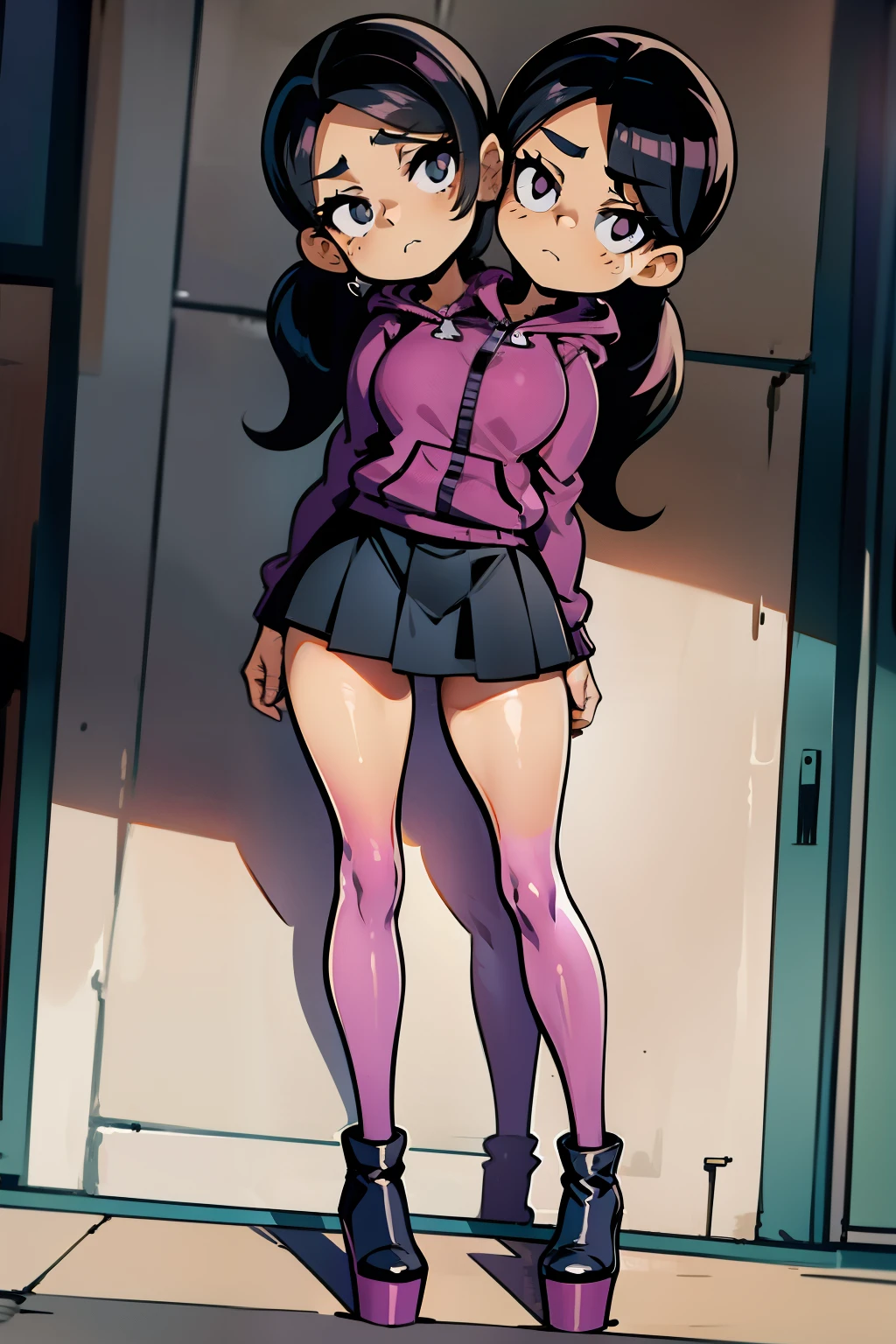 conjoined, 2heads, girl with two heads instead of one, 2head, cuerpo curvilineo, brazos curvilineos, usando shorts, ropa abrigada, piernas curvilineas, anime cartoon, using a purple hoodie, each head has a ponytail, anatomia proporcionada, torso ancho, pechos medianos, full body, perspectiva en picada, platform boots, black boots, black skirt, pantyhose, black high heels Bored
