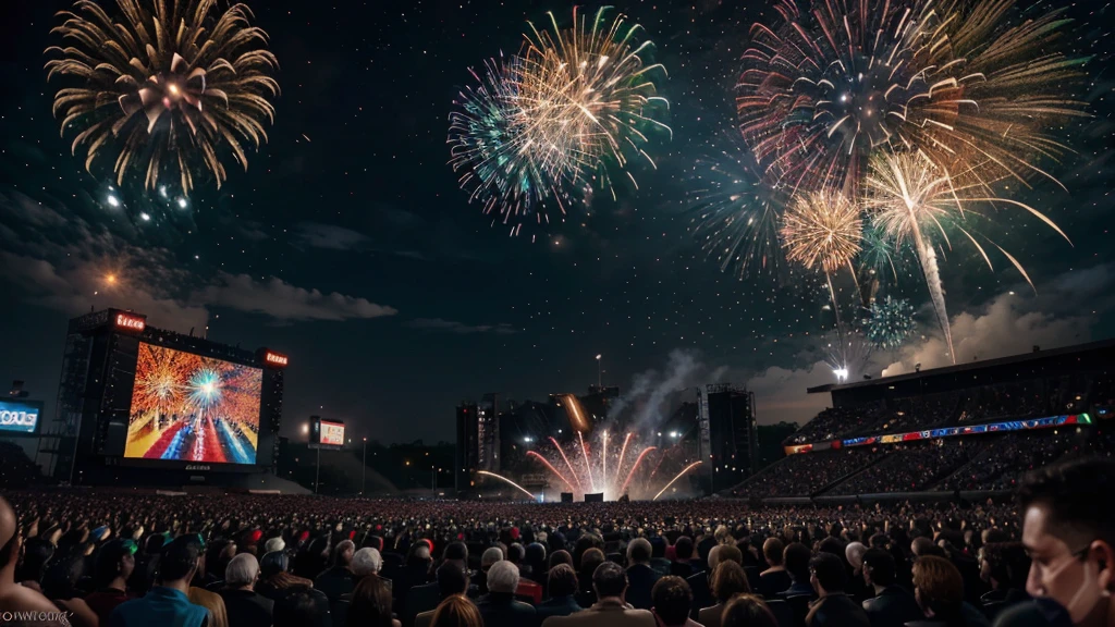 a dramatic night sky filled with colorful exploding fireworks, a large screen television displaying vibrant videogame graphics, a crowd of people celebrating and having fun, (best quality,4k,8k,highres,masterpiece:1.2),ultra-detailed,(realistic,photorealistic,photo-realistic:1.37),extremely detailed fireworks,extremely detailed crowd of people,extremely detailed television screen,vibrant colors,dramatic lighting,cinematic atmosphere,celebration,festivities,entertainment