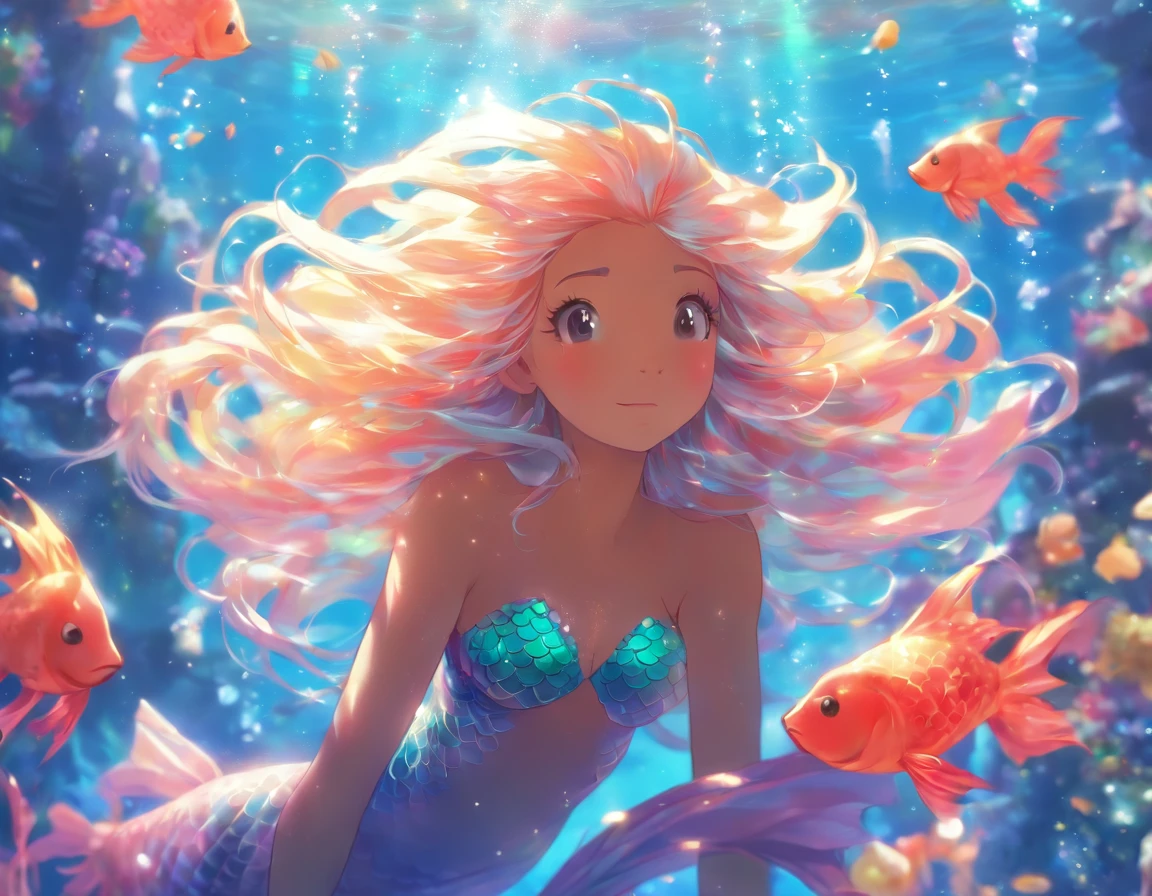 bottomless,(depth of field),Mermaid Queen,Long white hair,unearthly beauty,peaceful,Tropical fish,jellyfish,Reef。bright colors,Fairytale lighting.Best quality,a high resolution,masterpiece:1.2.