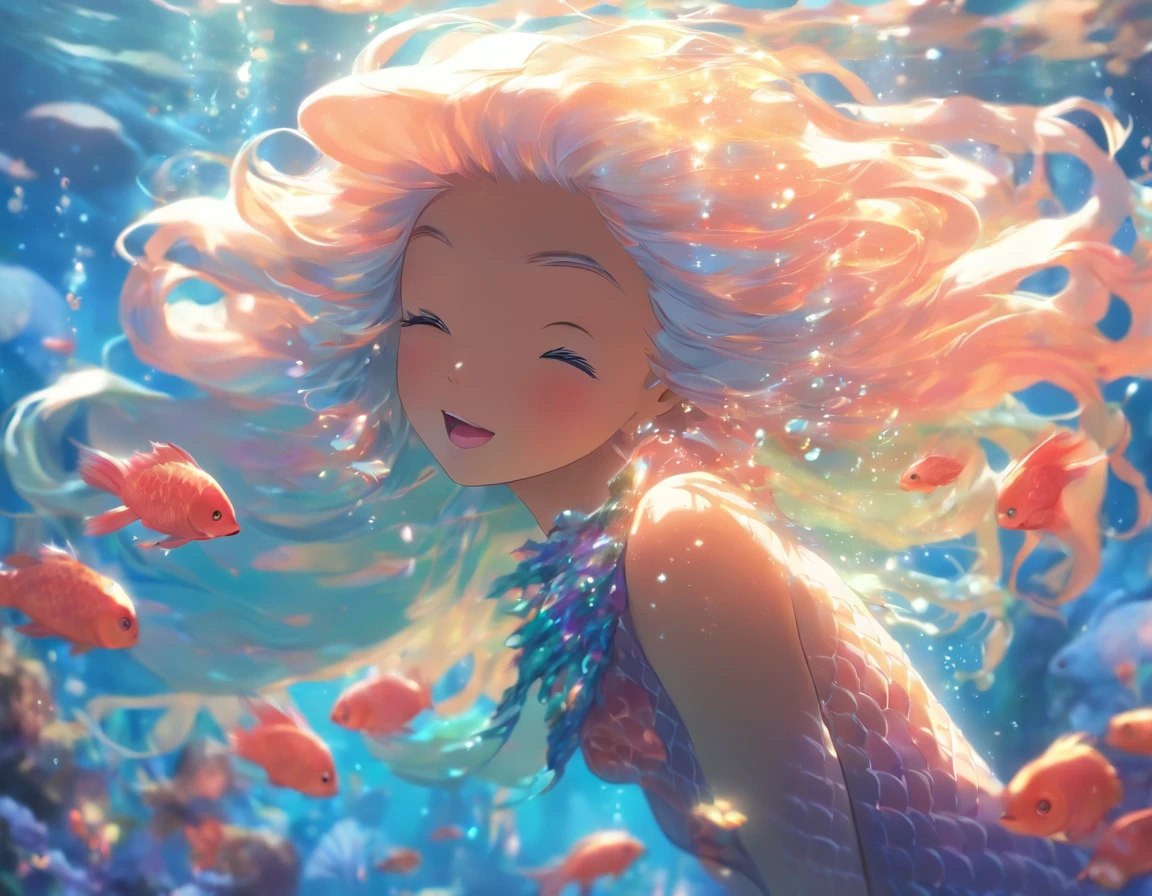 bottomless,(depth of field),Mermaid Queen,Long white hair,unearthly beauty,peaceful,Tropical fish,jellyfish,Reef。bright colors,Fairytale lighting.Best quality,a high resolution,masterpiece:1.2.