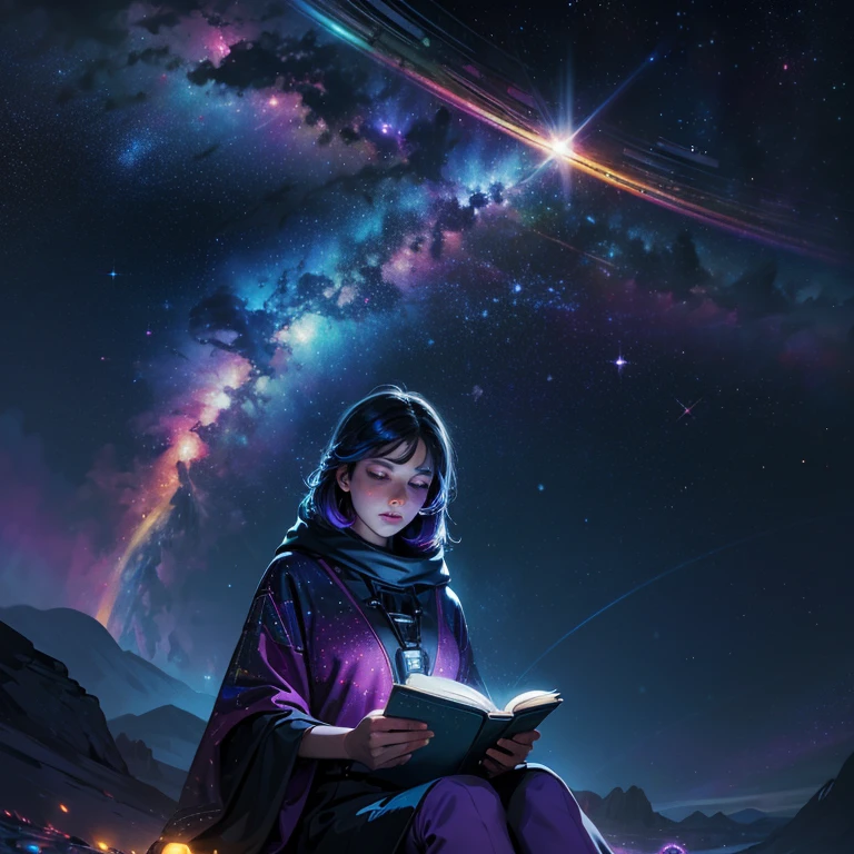 a young woman sitting in the stars and reading a colored shining book, rainbow colored cosmic nebula sky background, stars, galaxies