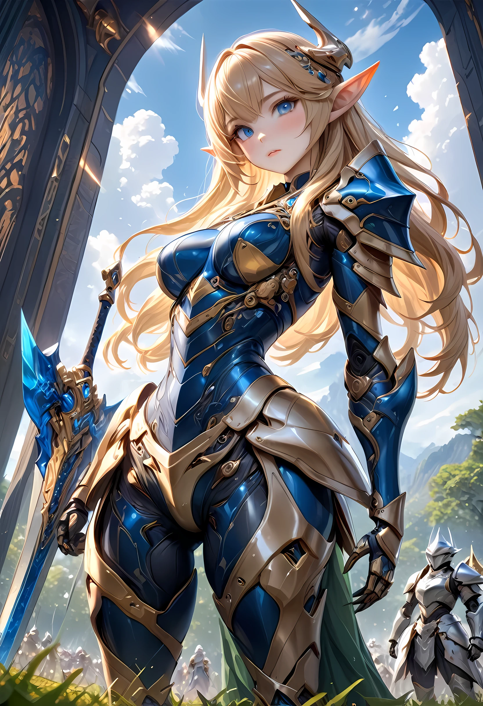 high details, best quality, 16k, [ultra detailed], masterpiece, best quality, (extremely detailed), full body, ultra wide shot, photorealistic, , fantasy art, dnd art, rpg art, realistic art, a wide angle, (((anatomically correct))) a wallpaper of an elf knight, elf warrior, princess knight, shinning knight, ready for battle with her mount (intense details, Masterpiece, best quality: 1.5), female elf (intense details, Masterpiece, best quality: 1.5), ultra detailed face, ultra feminine, fair skin, exquisite beauty, gold hair, long hair, wavy hair, small pointed ears, dynamic eyes color, wearing heavy mech armor, shinning metal, armed with elven sword, green meadows, blue skies background and some clouds background depth of field (intricate details, Masterpiece, best quality: 1.5), full body (intricate details, Masterpiece, best quality: 1.5), high details, best quality, highres, ultra wide angle, cybrk