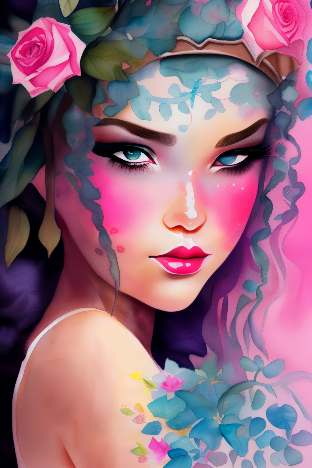 This is a realistic and detailed watercolor fantasy image. Generate a beautiful woman with beautiful detailed eyes and puffy lips. Include pastel paint, gentle paint strokes, kissable lips, blush, pink, roses