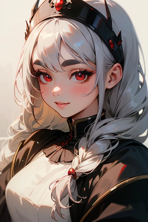 (highest quality, masterpiece:1.2), High resolution, 最高masterpiece、Very detailed, Realistic:1.37, Fantasy, An illustration,Gray Hair、 Red eyes、Queen, White Dress、beautifully、Eyeshadow Red、Thick eyebrows、Long eyelashes、pupils are black、shiny on the lips、Top Sites、Queen、Princess、A kind smile、Show your teeth a little and smile、Soft impression、people々Loved by、Slimming the face、Shoulder Bare、Sexy braids、Kissing Face、White long hair、Shaggy Bangs