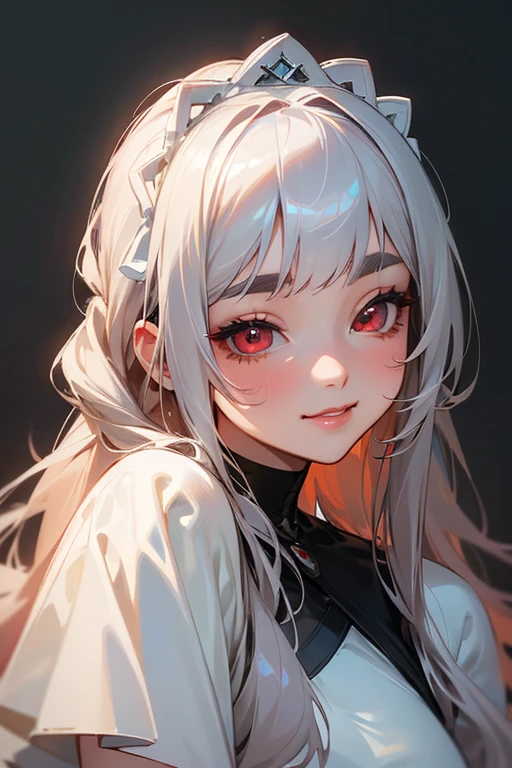 (highest quality, masterpiece:1.2), High resolution, 最高masterpiece、Very detailed, Realistic:1.37, Fantasy, An illustration,Gray Hair、 Red eyes、Queen, White Dress、beautifully、Eyeshadow Red、Thick eyebrows、Long eyelashes、pupils are black、shiny on the lips、Top Sites、Queen、Princess、A kind smile、Show your teeth a little and smile、Soft impression、people々Loved by、Slimming the face、Shoulder Bare、Sexy braids、Kissing Face、White long hair、Shaggy Bangs