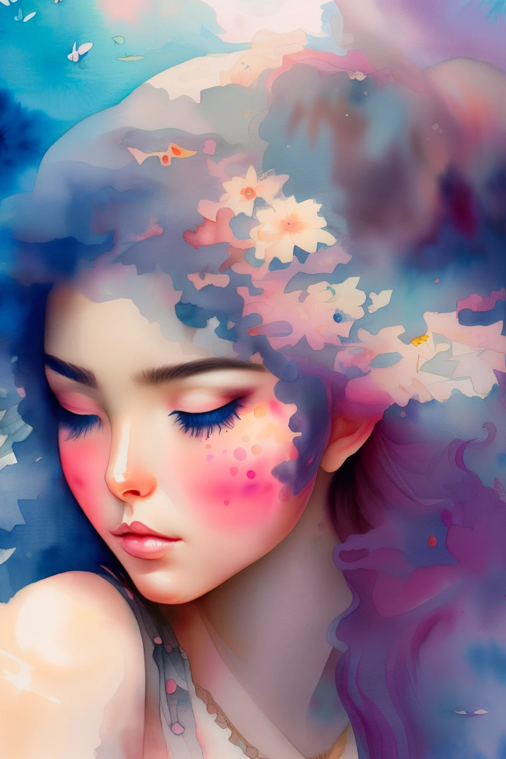 This is a realistic and detailed watercolor fantasy image. Generate a beautiful ethereal woman with beautiful detailed eyes and puffy lips. The woman's face is interesting and perfect, and she is magical and sweet. The aesthetic of the image is sweet watercolor painting. In the trending style of Art Station.