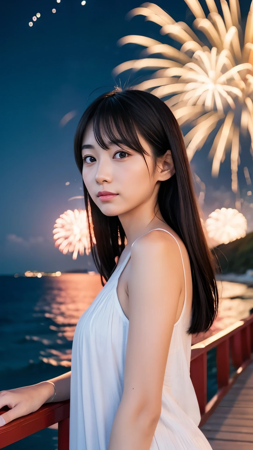 Japanese、Age 25、older sister、A randomly generated person with diverse facial features hairstyle、Perfect Anatomy,Ocean、beach、firework、Night Sky、打ち上げfirework