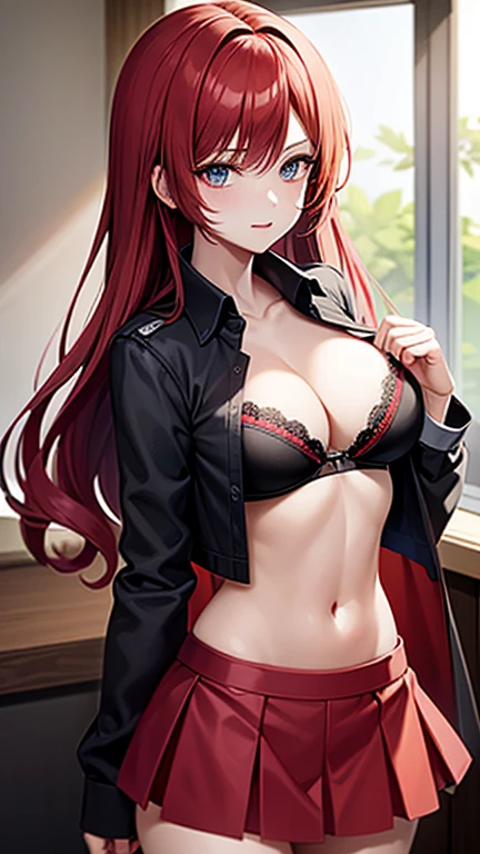 An anime girl with red hair and blue eyes wearing a skirt and an open shirt revealing a black and red bra