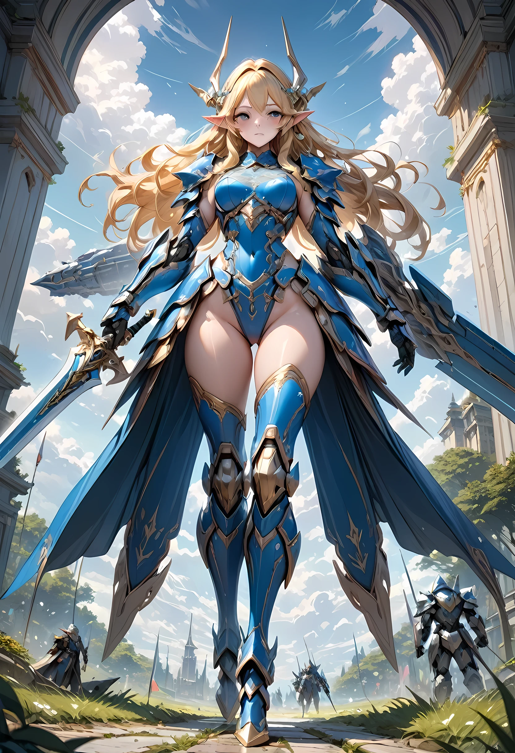 high details, best quality, 16k, [ultra detailed], masterpiece, best quality, (extremely detailed), full body, ultra wide shot, photorealistic, , fantasy art, dnd art, rpg art, realistic art, a wide angle, (((anatomically correct))) a wallpaper of an elf knight, elf warrior, princess knight, shinning knight, ready for battle with her mount (intense details, Masterpiece, best quality: 1.5), female elf (intense details, Masterpiece, best quality: 1.5), ultra detailed face, ultra feminine, fair skin, exquisite beauty, gold hair, long hair, wavy hair, small pointed ears, dynamic eyes color, wearing heavy mech armor, shinning metal, armed with elven sword, green meadows, blue skies background and some clouds background depth of field (intricate details, Masterpiece, best quality: 1.5), full body (intricate details, Masterpiece, best quality: 1.5), high details, best quality, highres, ultra wide angle, mecha