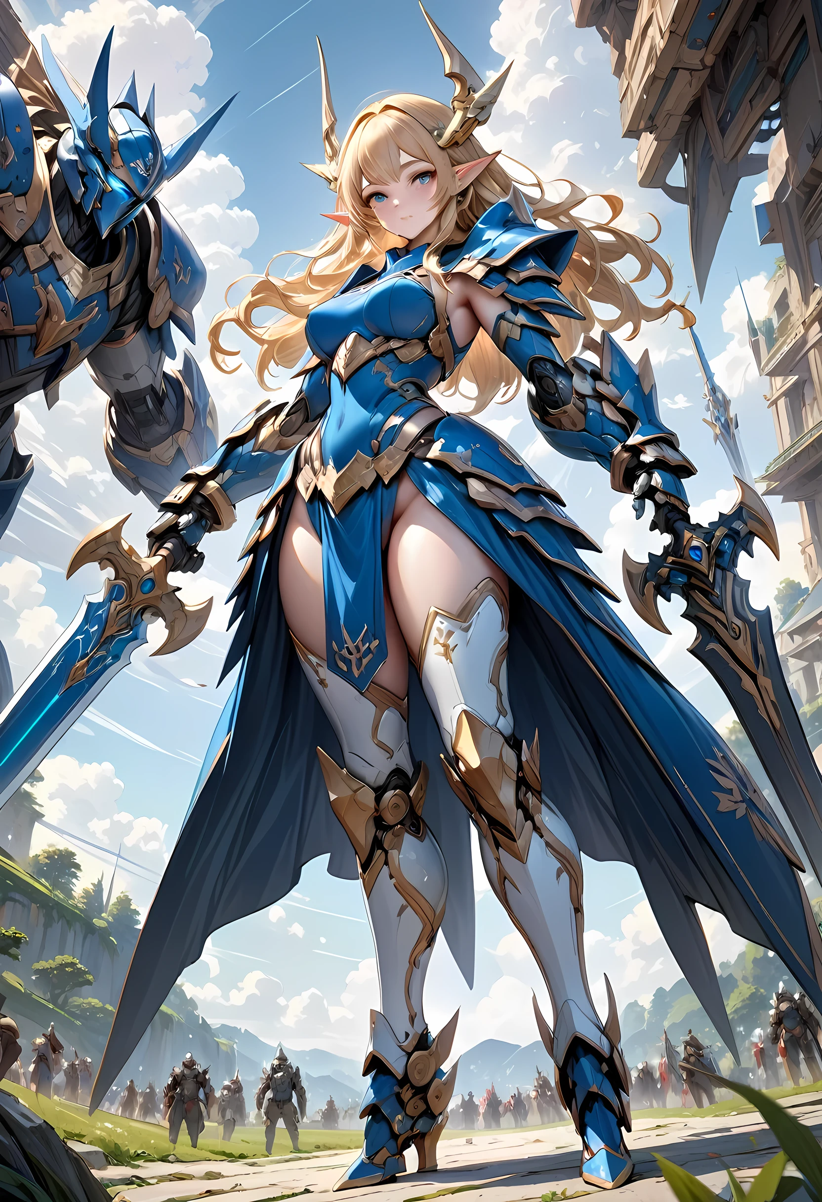 high details, best quality, 16k, [ultra detailed], masterpiece, best quality, (extremely detailed), full body, ultra wide shot, photorealistic, , fantasy art, dnd art, rpg art, realistic art, a wide angle, (((anatomically correct))) a wallpaper of an elf knight, elf warrior, princess knight, shinning knight, ready for battle with her mount (intense details, Masterpiece, best quality: 1.5), female elf (intense details, Masterpiece, best quality: 1.5), ultra detailed face, ultra feminine, fair skin, exquisite beauty, gold hair, long hair, wavy hair, small pointed ears, dynamic eyes color, wearing heavy mech armor, shinning metal, armed with elven sword, green meadows, blue skies background and some clouds background depth of field (intricate details, Masterpiece, best quality: 1.5), full body (intricate details, Masterpiece, best quality: 1.5), high details, best quality, highres, ultra wide angle, mecha