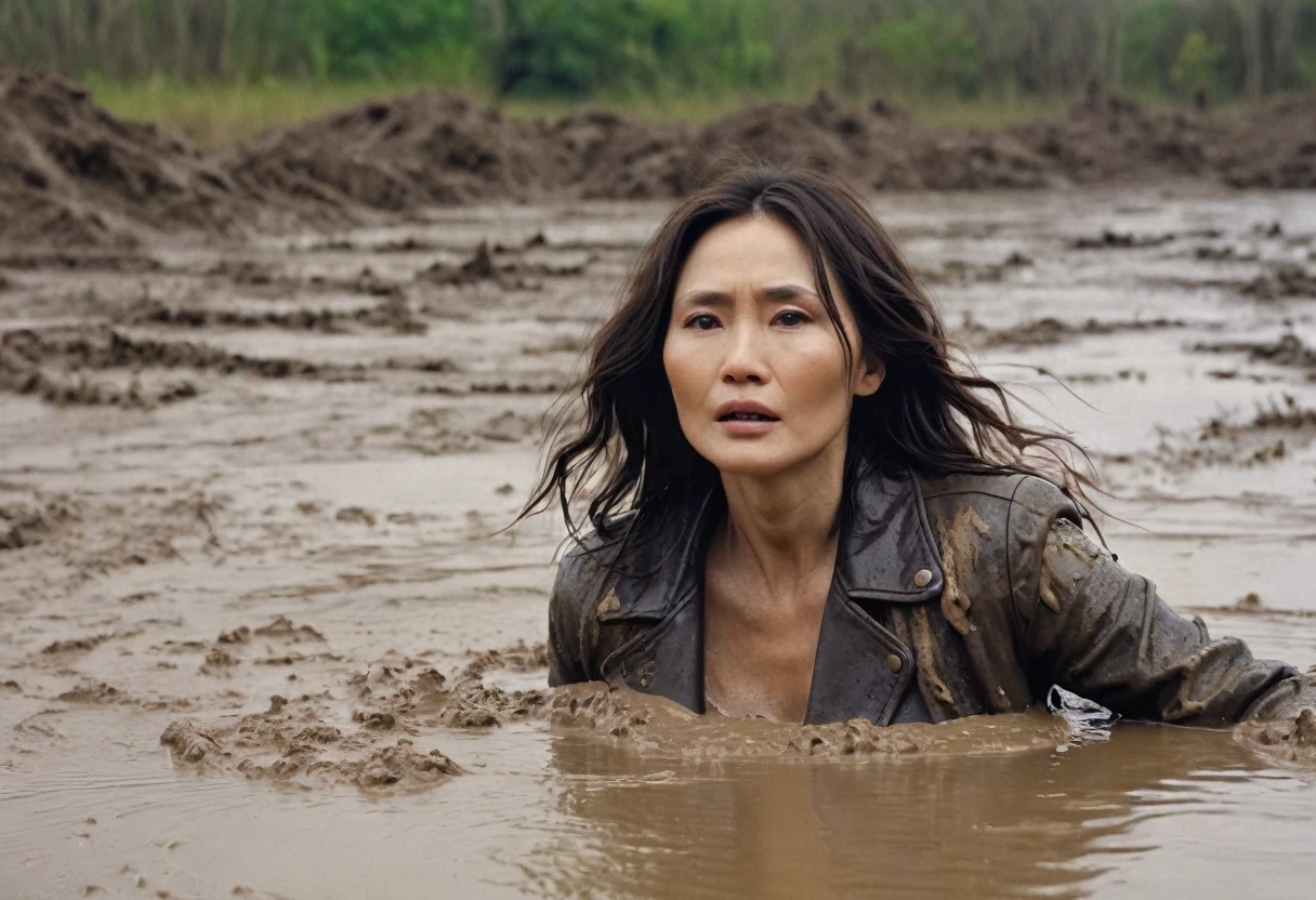 8k, ultra-detailed, grainy film photo, masterpiece, physical-based rendering, ultra-detailed, side view:1.0, vivid, muffled colors, muted light:1.2, intensive dry-humping movements:1.4, pencil skirt, messy leather jacket, turtleneck sweater:1.1, touches herself, natural texture, mature depraved woman drowning in mud swamp, long messy brunette hair, asian, beige, brown,5fingers, creating a wave of dirt around you