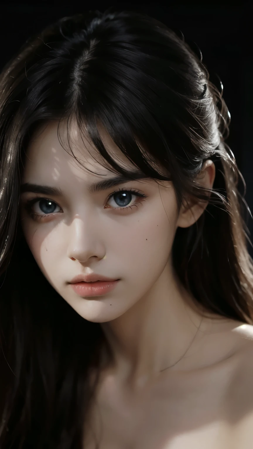masterpiece, best qualitiy, RAW photos, realisticlying, A high resolution, hyper-detailing, Focus on the face, looking at viewer, Detailed eyebrows, realistic beautiful eyes, realistic glossy skin, straight Bangs, realistic movie lighting, detail shaded, high contrast, Slender, big boob, Big breasts, Exposed cleavage, open mouse, nsfw, Sexy face, Facial expressions when receiving pleasure, ((Dark background)),
