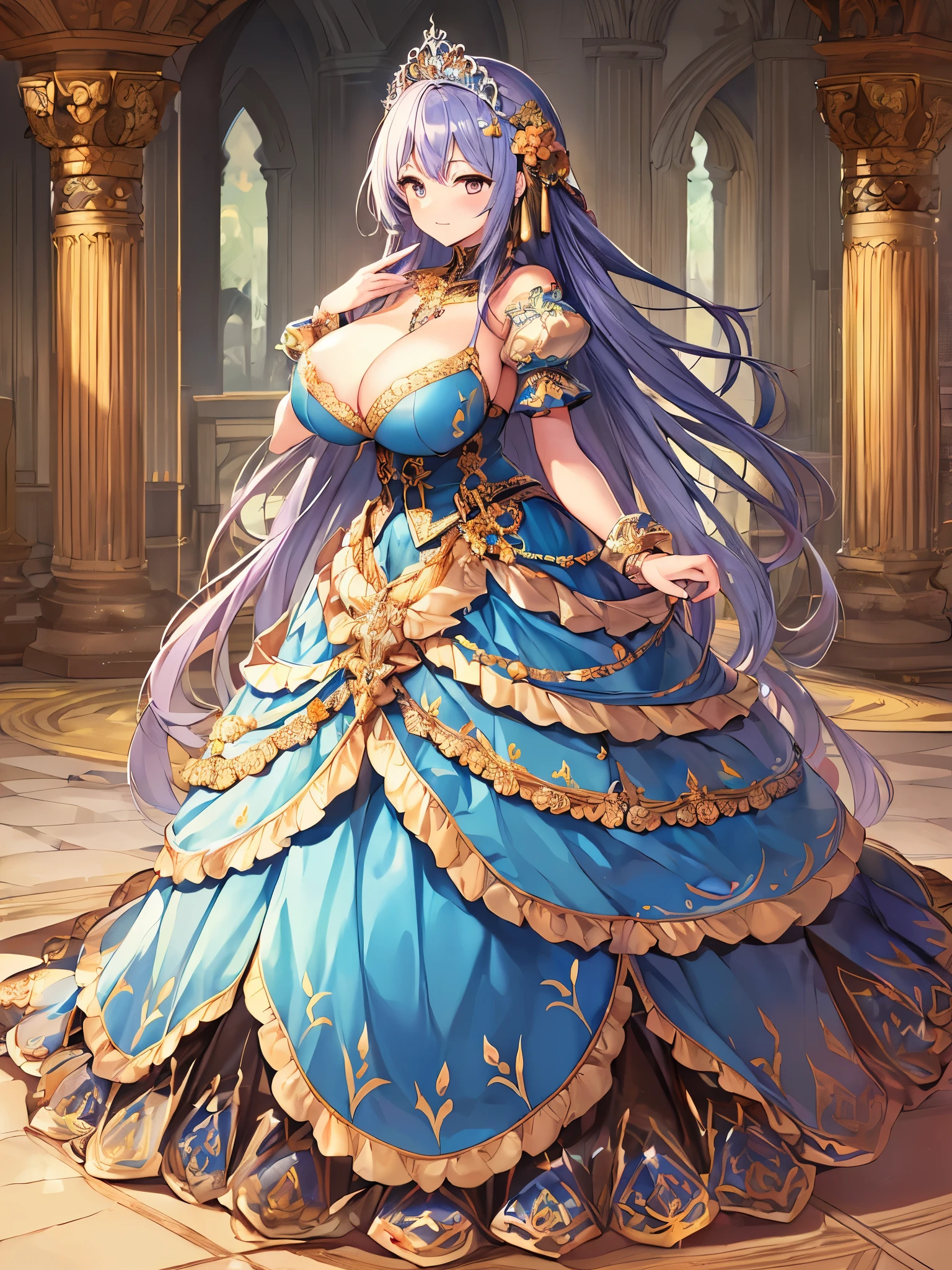 ((moe anime artstyle)),((Masterpiece)),(Best Quality),((Super Detail)),((Very Delicate and Beautiful)),((Solo)),full body,((full body portrait)),(((1 bling-bling Queen in beautiful embroidery and jeweled gorgeous rococo ballgown with voluminous full length crinoline hoop skirt))),(((((absurdly gigantic tits))))),(((cleavage))),Skindentation,(detailed face and eyes),jewel-like eyes,((crinoline,long train,beautiful embroidery and lace)),super detailed voluminous gorgeous rococo ballgown with voluminous full length crinoline hoop skirt,((bling-bling voluminous gorgeous rococo princess ballgown with beautiful embroidery and jeweled)),((Very Long Straight Hair,large amount of straight hair, absurdly long Straight hair)),extremely gorgeousfull hair ornament,((extremely gorgeous jeweled big tiara)),luxurious jewelry,((beautiful embroidery and jeweled gorgeous rococo ballgown with voluminous full length crinoline hoop skirt)),full body,(fantasy castle,throne room)