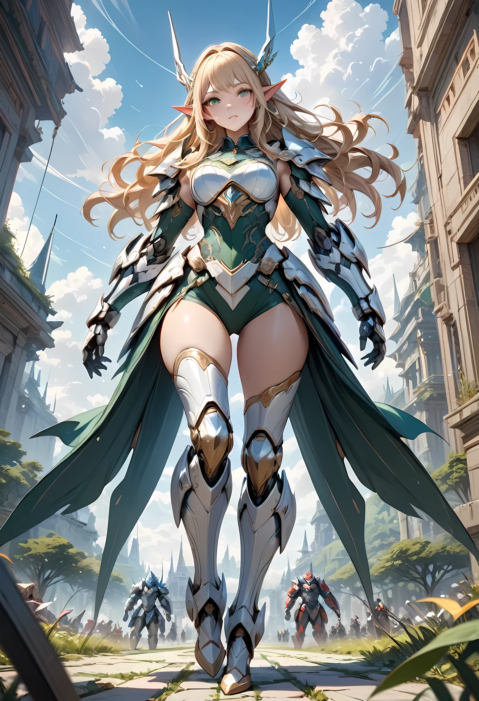 high details, best quality, 16k, [ultra detailed], masterpiece, best quality, (extremely detailed), full body, ultra wide shot, photorealistic, , fantasy art, dnd art, rpg art, realistic art, a wide angle, (((anatomically correct))) a wallpaper of an elf knight, elf warrior, princess knight, shinning knight, ready for battle with her mount (intense details, Masterpiece, best quality: 1.5), female elf (intense details, Masterpiece, best quality: 1.5), ultra detailed face, ultra feminine, fair skin, exquisite beauty, gold hair, long hair, wavy hair, small pointed ears, dynamic eyes color, wearing heavy mech armor, shinning metal, armed with elven sword, green meadows, blue skies background and some clouds background depth of field (intricate details, Masterpiece, best quality: 1.5), full body (intricate details, Masterpiece, best quality: 1.5), high details, best quality, highres, ultra wide angle, mecha