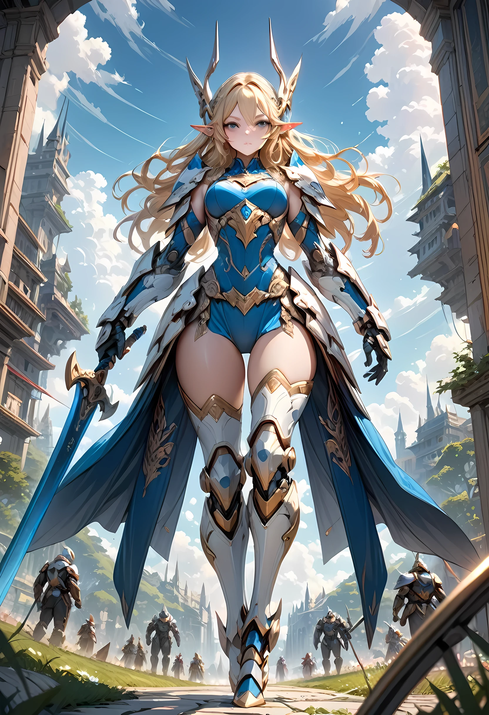 high details, best quality, 16k, [ultra detailed], masterpiece, best quality, (extremely detailed), full body, ultra wide shot, photorealistic, , fantasy art, dnd art, rpg art, realistic art, a wide angle, (((anatomically correct))) a wallpaper of an elf knight, elf warrior, princess knight, shinning knight, ready for battle with her mount (intense details, Masterpiece, best quality: 1.5), female elf (intense details, Masterpiece, best quality: 1.5), ultra detailed face, ultra feminine, fair skin, exquisite beauty, gold hair, long hair, wavy hair, small pointed ears, dynamic eyes color, wearing heavy mech armor, shinning metal, armed with elven sword, green meadows, blue skies background and some clouds background depth of field (intricate details, Masterpiece, best quality: 1.5), full body (intricate details, Masterpiece, best quality: 1.5), high details, best quality, highres, ultra wide angle, mecha