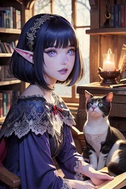 (Highly detailed face, Sleepy eyes:1.3), (Gothic fantasy illustration & ukiyo-e & Comic art), (1 female, 2. Cat:1.5), (She is old, A dark magic laboratory with a large spell book open on a large desk, Casting a spell to make gingerbread cookies with large hands and gestures:1.2), (A middle-aged, white-haired dark elf woman, Blunt bangs, Bobcut, dark purple skin, Lavender eyes:1.2), break (She is wearing a sky blue lace cape dress and red sandals), break (Two big blue-eyed cats are playing beside her:1.2), break (background, I can see shelves filled with magical books and items.)