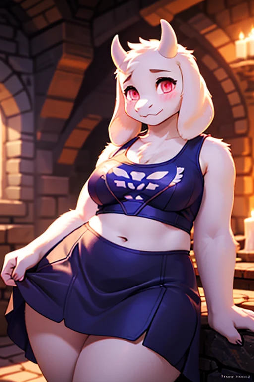 ((sfw)), character from Undertale Toriel, goat Furry, Beautiful cute face, Innocent, Charming, Sexually calm facial expression, Facing the camera, The body is covered with wool, Skin color: white, Body glare, ((pretty eyes)), red-eyes, ((Perfect Sexy Figure)), Curvy Perfect Body Shapes, big thighs, ((Subtle and beautiful)), ((Sexy Fantasy Clothing)), Sexually seductive position, Full-length, Dark castle cave inside background, Depth of field, ((ultra quality)), ((tmasterpiece)), clear image, crisp details, Realistic, Professional Photo Session, Clear Focus, the anime, Colorfully drawn, big bosom, blue tank top, midriff, black skirt, blushing, 