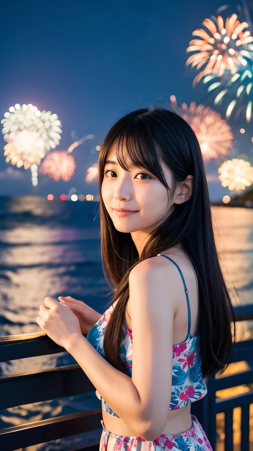 Japanese、Age 25、older sister、A randomly generated person with diverse facial features hairstyle、Perfect Anatomy,Ocean、beach、firework、Night Sky、打ち上げfirework、目をOceanつぶる
