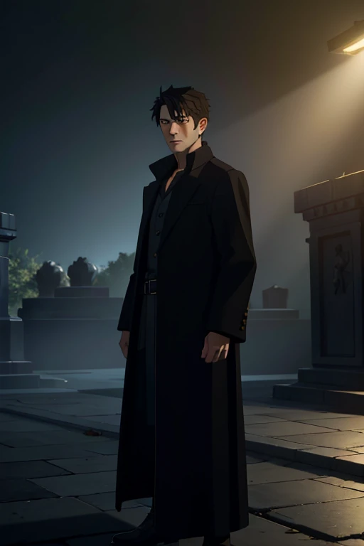 1 boy with medium black hair, black overcoat, standing in a dark and gloomy cemetery, detailed facial features, detailed clothing, cinematic lighting, dramatic fog, moody atmosphere, melancholic, dark fantasy, (best quality,4k,8k,highres,masterpiece:1.2),ultra-detailed,(realistic,photorealistic,photo-realistic:1.37),HDR,UHD,studio lighting,extreme detail description,professional,vivid colors,dramatic shadows
