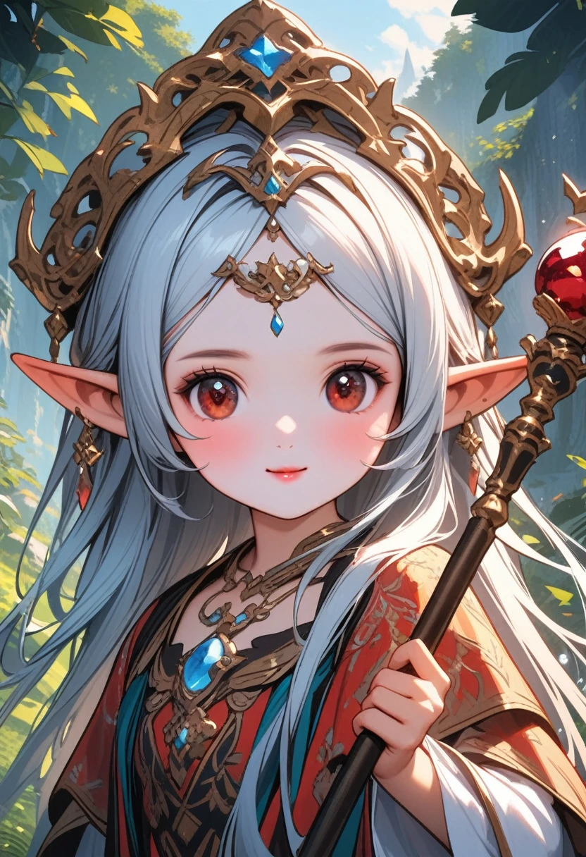 1 gilr, (elf, dark skin, brown skin. silver hair:1.3), A cheerful and lively elf girl with a round face, cute and very friendly, appearing in a fantasy world story, holding a magical staff and wearing a crystal pendant, with detailed features such as intricate clothing patterns, sparkling eyes, and a backdrop of an enchanted forest, ((Masterpiece)), ((Best Quality)), (Very Detailed), (Very Detailed)), 4K, (8K), very aesthetic, absurdres, highres,