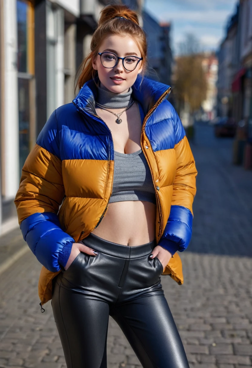 hyperrealistic beautiful busty 18-year-old teen girl with long legs wearing grey longsleeve with royal blue puffer coat and black faux leather leggins, model shooting full body photography, natural redhead with long ponytail, glasses, freckles, dark eye makeup with eyeliner, seductive smile, small necklace, 8K, Best quality, Meisterwerk, ultra high resolution, (Realismus: 1.4), Originalfoto, (realistische Hautstruktur: 1.3), (Filmkorn: 1.3), (Selfie-Winkel), 1 girl, Beautiful round hazel eyes and facial details, Meisterwerk, Best quality, street photography on a winter day, nsfw with cameltoe
