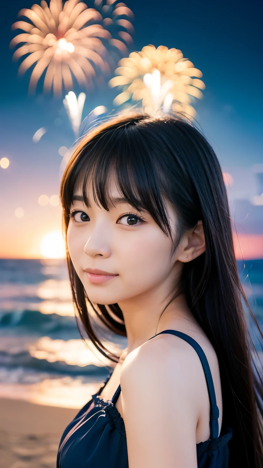 Japanese、Age 25、older sister、A randomly generated person with diverse facial features hairstyle、Perfect Anatomy,Ocean、beach、firework、Night Sky、打ち上げfirework、目をOceanつぶる