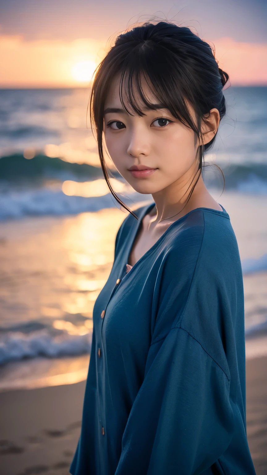 Japanese、Age 25、older sister、A randomly generated person with diverse facial features hairstyle、Perfect Anatomy,Ocean、beach、firework、Night Sky、打ち上げfirework、Close your eyes、Close ~ eyes、Closing the eyelids
