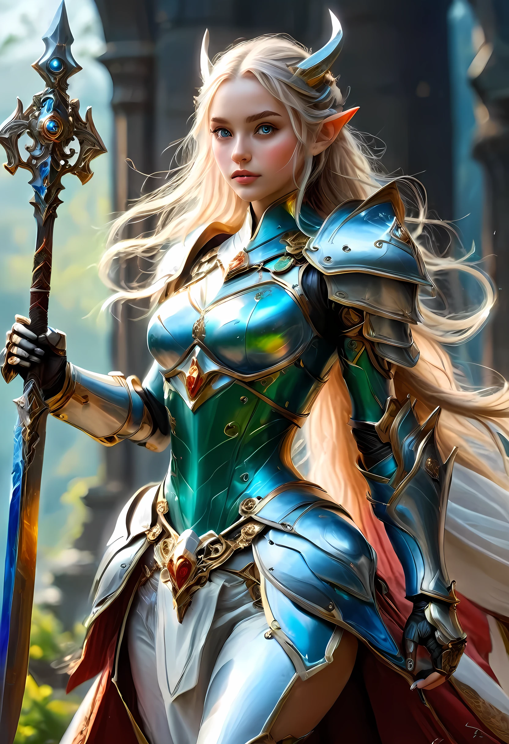 high details, best quality, 16k, [ultra detailed], masterpiece, best quality, (extremely detailed), full body, ultra wide shot, photorealistic, , fantasy art, dnd art, rpg art, realistic art, a wide angle, (((anatomically correct))) a wallpaper of an elf knight, elf warrior, princess knight, shinning knight, ready for battle with her mount (intense details, Masterpiece, best quality: 1.5), female elf (intense details, Masterpiece, best quality: 1.5), ultra detailed face, ultra feminine, fair skin, exquisite beauty, gold hair, long hair, wavy hair, small pointed ears, dynamic eyes color, wearing heavy mech armor, shinning metal, armed with elven sword, green meadows, blue skies background and some clouds background depth of field (intricate details, Masterpiece, best quality: 1.5), full body (intricate details, Masterpiece, best quality: 1.5), high details, best quality, highres, ultra wide angle, cybrk