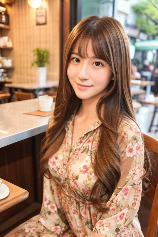 One girl, Japanese, cute sister, semi-long hair, brown hair color, clothes: floral dress , selfie, background: cafe, sitting in a cafe, realistic girl, top quality image,