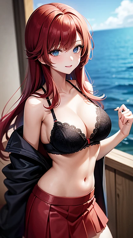 An anime girl with red hair and blue eyes wearing a skirt and an open shirt revealing a black and red bra
