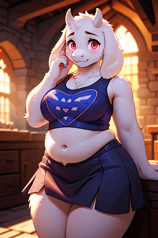 ((sfw)), character from Undertale Toriel, goat Furry, Beautiful cute face, Innocent, Charming, Sexually calm facial expression, Facing the camera, The body is covered with wool, Skin color: white, Body glare, ((pretty eyes)), red-eyes, ((Perfect Sexy Figure)), Curvy Perfect Body Shapes, big thighs, ((Subtle and beautiful)), ((Sexy Fantasy Clothing)), Sexually seductive position, Full-length, Dark castle cave inside background, Depth of field, ((ultra quality)), ((tmasterpiece)), clear image, crisp details, Realistic, Professional Photo Session, Clear Focus, the anime, Colorfully drawn, big bosom, blue tank top, midriff, black skirt, blushing, big belly