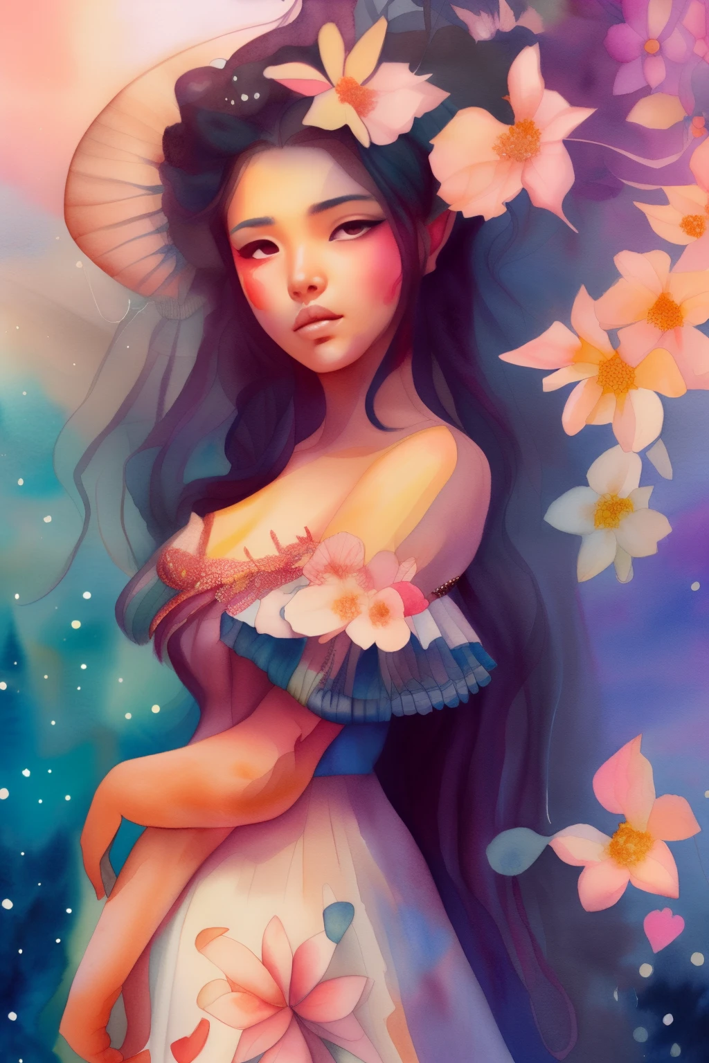 This is a realistic and detailed watercolor fantasy image. Generate a beautiful ethereal woman with beautiful detailed eyes and puffy lips. The woman's face is interesting and perfect, and she is magical and sweet. The aesthetic of the image is sweet watercolor painting. In the trending style of Art Station.