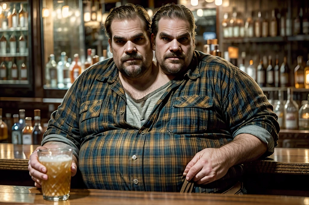 (((2heads))), solo, ((((david harbour)))), middle aged, male, short graying hair, (((obese, overweight, fat, chubby, heavy, dadbod))), ((flannel shirt, jeans, belt)), epic realistic, hdr, intricate, highly detailed, (depth of field:1.4), faded, (neutral colors:1.2), (hdr:1.4), (muted colors:1.2), hyperdetailed, (artstation:1.4), cinematic, (intricate details:1.1), dark bar scenery, (rutkowski:0.66), (intricate details) (skin texture:1.2), detailed expressions, natural pose, sitting at bar, holding drinks, laughing