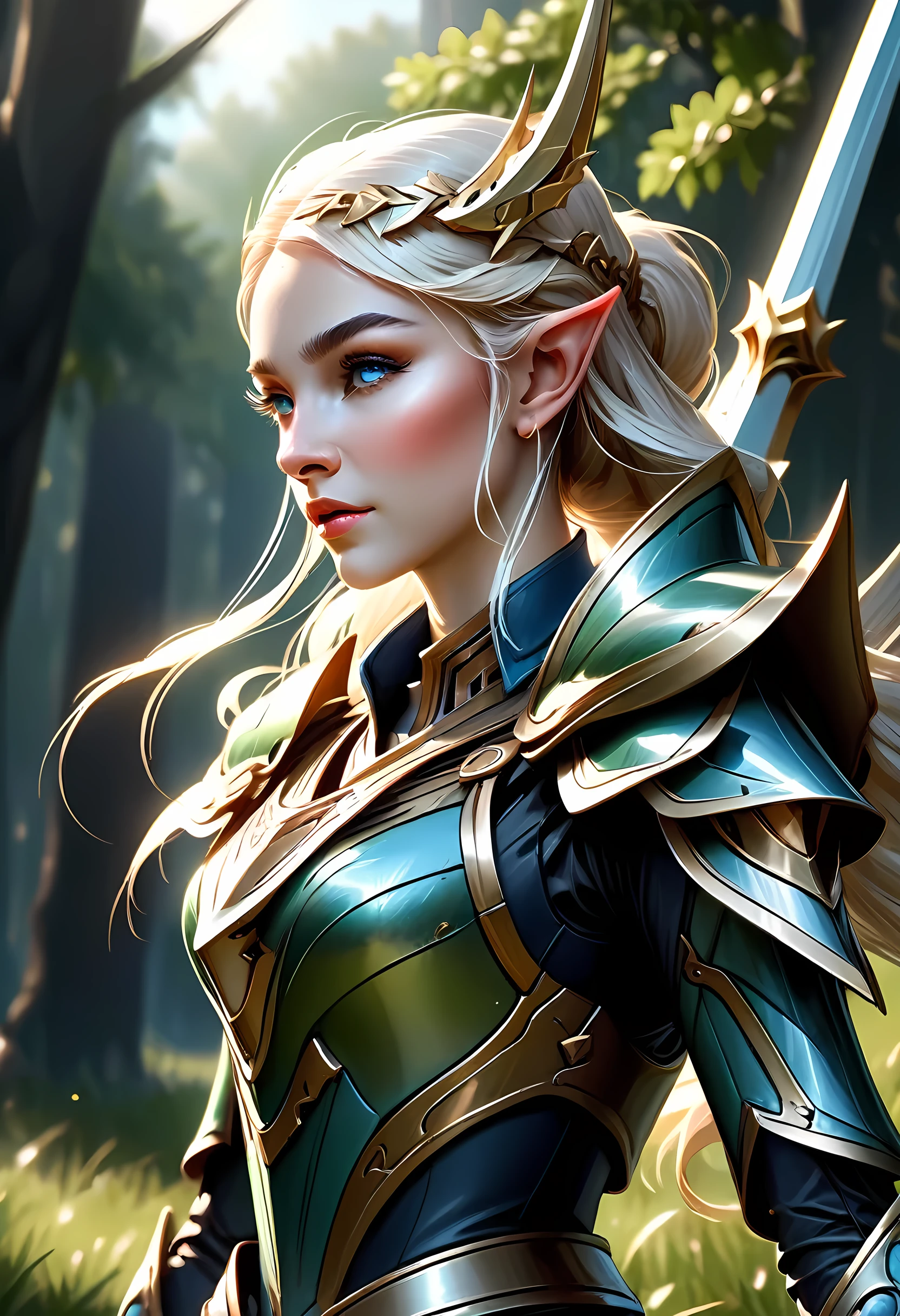 high details, best quality, 16k, [ultra detailed], masterpiece, best quality, (extremely detailed), full body, ultra wide shot, photorealistic, , fantasy art, dnd art, rpg art, realistic art, a wide angle, (((anatomically correct))) a wallpaper of an elf knight, elf warrior, princess knight, shinning knight, ready for battle with her mount (intense details, Masterpiece, best quality: 1.5), female elf (intense details, Masterpiece, best quality: 1.5), ultra detailed face, ultra feminine, fair skin, exquisite beauty, gold hair, long hair, wavy hair, small pointed ears, dynamic eyes color, wearing heavy mech armor, shinning metal, armed with elven sword, green meadows, blue skies background and some clouds background depth of field (intricate details, Masterpiece, best quality: 1.5), full body (intricate details, Masterpiece, best quality: 1.5), high details, best quality, highres, ultra wide angle, mecha