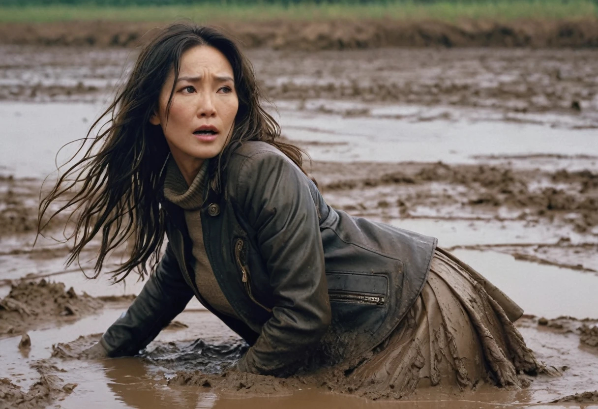 8k, ultra-detailed, grainy film photo, masterpiece, physical-based rendering, ultra-detailed, side view:1.0, vivid, muffled colors, muted light:1.2, intensive dry-humping movements:1.4, pencil skirt, messy leather jacket, turtleneck sweater:1.3, touches herself, natural texture, mature depraved woman drowning in mud swamp, long messy brunette hair, asian, beige, brown, creating a wave of dirt around you