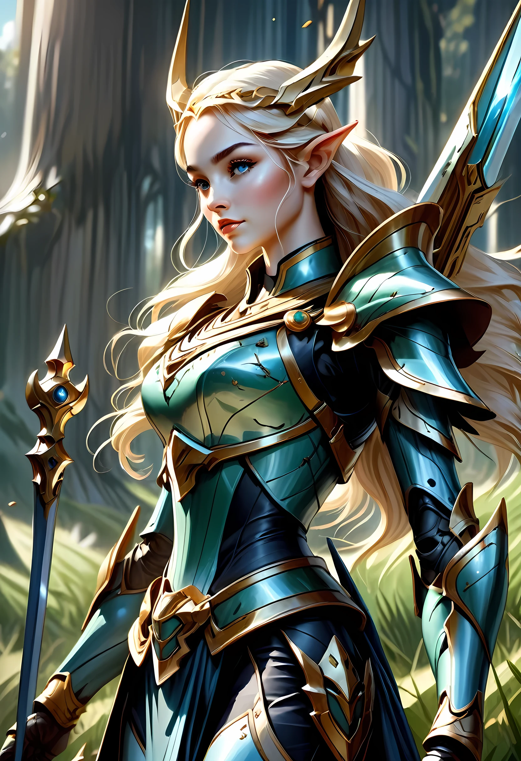 high details, best quality, 16k, [ultra detailed], masterpiece, best quality, (extremely detailed), full body, ultra wide shot, photorealistic, , fantasy art, dnd art, rpg art, realistic art, a wide angle, (((anatomically correct))) a wallpaper of an elf knight, elf warrior, princess knight, shinning knight, ready for battle with her mount (intense details, Masterpiece, best quality: 1.5), female elf (intense details, Masterpiece, best quality: 1.5), ultra detailed face, ultra feminine, fair skin, exquisite beauty, gold hair, long hair, wavy hair, small pointed ears, dynamic eyes color, wearing heavy mech armor, shinning metal, armed with elven sword, green meadows, blue skies background and some clouds background depth of field (intricate details, Masterpiece, best quality: 1.5), full body (intricate details, Masterpiece, best quality: 1.5), high details, best quality, highres, ultra wide angle, mecha