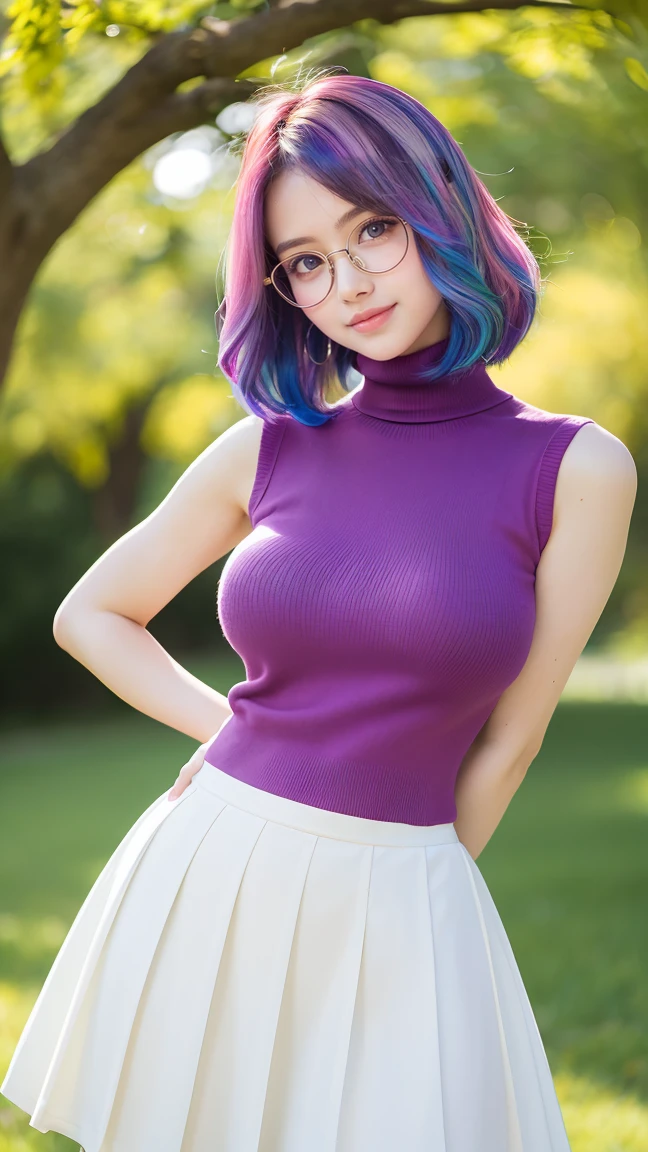 (highest quality、Tabletop、8k、Best image quality、Award-winning works)、One beautiful woman、Age 25、(alone:1.1)、Perfect beautiful composition、(Accentuate your body lines:1.1)、( Shortcuts、Colorful hair colors:1.5)、(Perfect white turtleneck sleeveless knit sweater:1.2)、(Bare arms:1.2)、(Classy and perfect round glasses:1.ur breasts are too big:1.5)、(Elegant red melton skirt:1.2)、Full body photo、Look at me and smile、(Accurate city park background with strong blur:1.1)、Standing Elegantly、Droopy eyes、Natural Makeup、Ultra-high definition beauty face、Ultra HD Hair、Ultra high resolution glowing eyes、Super high quality glossy lip、(Accurate anatomy:1.1)、(very bright and vivid:1.1)