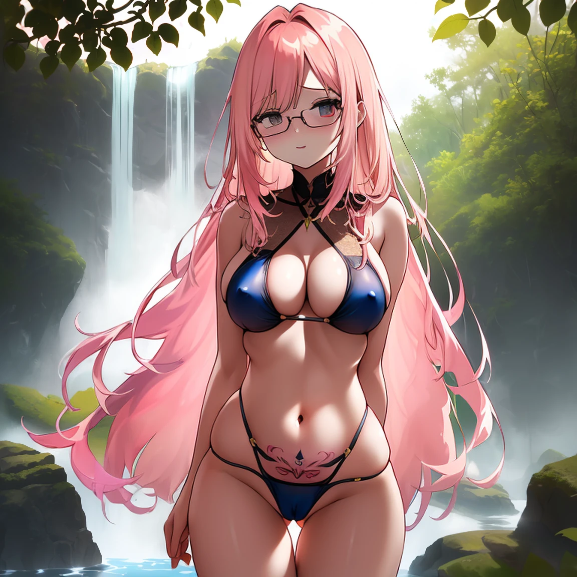 (masterpiece, best quality:1.2), cowboy shot, (solo), (1girl), glasses, long fluffy pink hair, hair blowing, gorgeous and tall body, wide hips, slight smile, (very sexy and semi-transparent black swinswit):1.3, navel exposed, belly, gorgeous natural breasts, (pink breasts niples under swimswit transparency), (cameltoe under swimswit transparency), (wet body and swimswit),  white swimswit, (tattoed body), very sexy pose, in a waterfall at a tranquil forest.