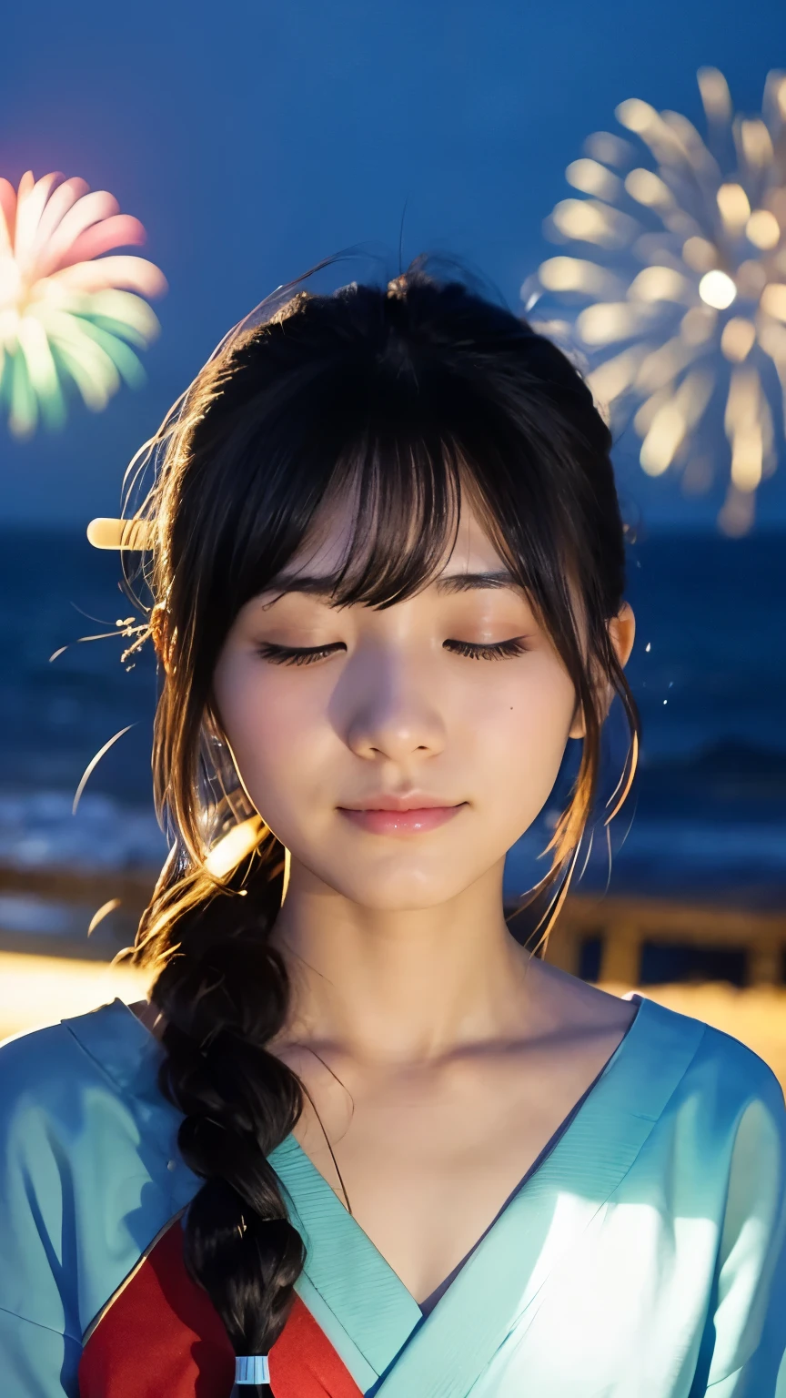 Japanese、23 years old、older sister、A randomly generated person with diverse facial features hairstyle、Perfect Anatomy,Ocean、beach、firework、Night Sky、打ち上げfirework、Close your eyes、Close ~ eyes、Closing the eyelids、Background Blur、For viewers