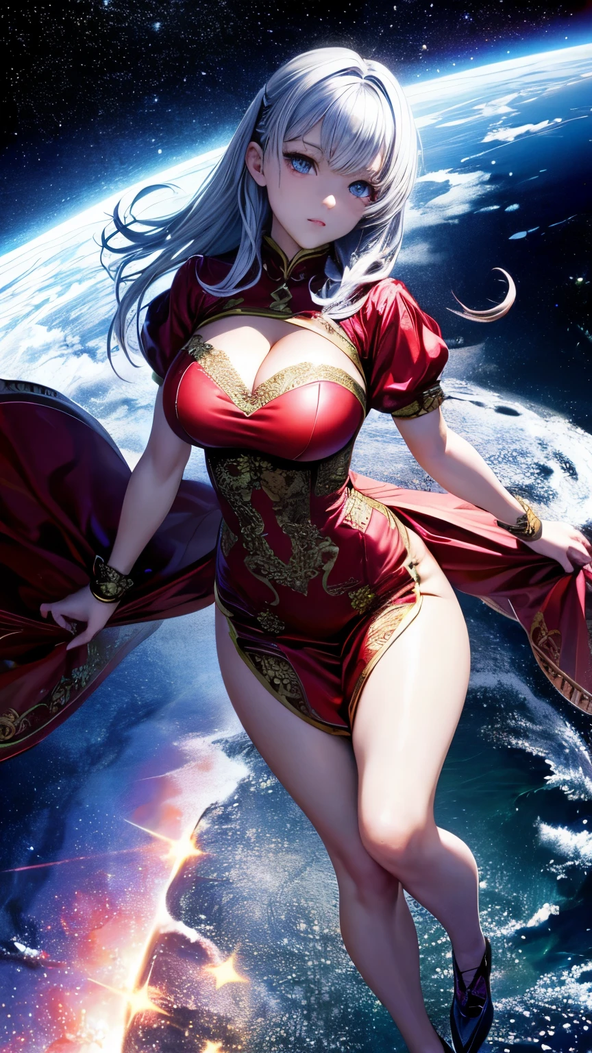 (masterpiece, highest quality, Super detailed, High resolution, figure:0.8), Highly detailed wallpaper, Official Art, wonderful, High detail, Super detailed, Highly detailed 8k wallpaper,Closed whole body, (((Burstingly Big Breasts)))、Bright silver hair, Red eyes with elongated pupils, (outer space with shining stars: 1.3), (One girl, alone),(Gorgeous bright red dress),sexy,Perfect Anatomy,Beautiful Face, Provocative, 