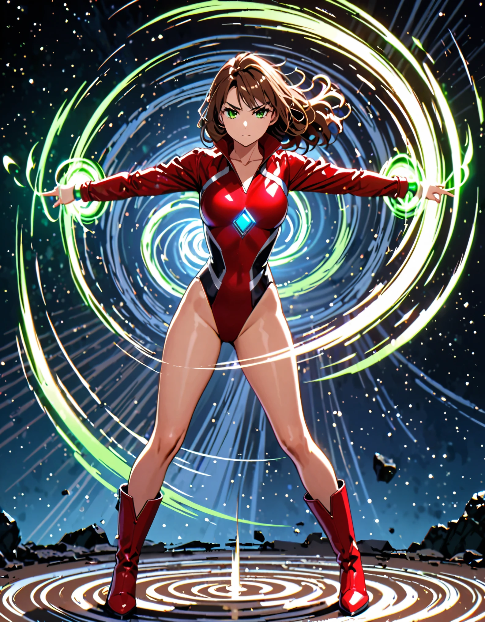(masterpiece), (best quality), (high res), 1lady, tall body, beautiful detailed eyes, beautiful detailed face, serious, perfect hands, complete fingers, perfect anatomy, perfect proportions, ((brown hair, medium hair)), ((green eyes)), ((leotard, red leotard, matching leotard)), ((white dress collar, open collar)), ((bare legs)), ((boots, matching boots, ankle-high boots, red boots)), breasts, medium breasts, (full body portrait), looking at viewer, (solo, solo focus), cowboy shot, space backdrop, ((yellow V (symbol) on chest)), ((red leather jacket, open jacket)), full body costume design. ((raised arms, spins fast in place like a (tornado), raised arms, (legs closed, standing position), (she spins) at an incredible speed, creating a whirlwind of air around her, cyclone spinning)), ((spiral lines, spinning energy pulse around her)). Curved Sword Slash.