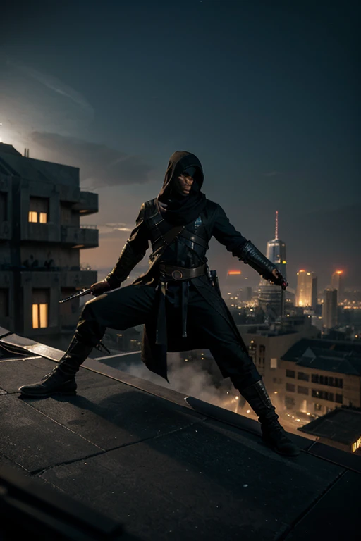 Assassin in futuristic time, lands from the roof onto the bandit, in a futuristic world, In the evening, the assassin uses short bladed weapons and is dressed in black masculine robes