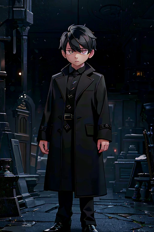 1 boy with medium black hair, black overcoat, standing in a dark and gloomy cemetery, detailed facial features, detailed clothing, cinematic lighting, dramatic fog, moody atmosphere, melancholic, dark fantasy, (best quality,4k,8k,highres,masterpiece:1.2),ultra-detailed,(realistic,photorealistic,photo-realistic:1.37),HDR,UHD,studio lighting,extreme detail description,professional,vivid colors,dramatic shadows