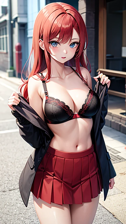 An anime girl with red hair and blue eyes wearing a skirt and an open shirt revealing a black and red bra