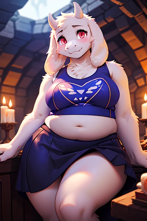 ((sfw)), character from Undertale Toriel, goat Furry, Beautiful cute face, Innocent, Charming, Sexually calm facial expression, Facing the camera, The body is covered with wool, Skin color: white, Body glare, ((pretty eyes)), red-eyes, ((Perfect Sexy Figure)), Curvy Perfect Body Shapes, big thighs, ((Subtle and beautiful)), ((Sexy Fantasy Clothing)), Sexually seductive position, Full-length, Dark castle cave inside background, Depth of field, ((ultra quality)), ((tmasterpiece)), clear image, crisp details, Realistic, Professional Photo Session, Clear Focus, the anime, Colorfully drawn, big bosom, blue tank top, midriff, black skirt, blushing, big belly