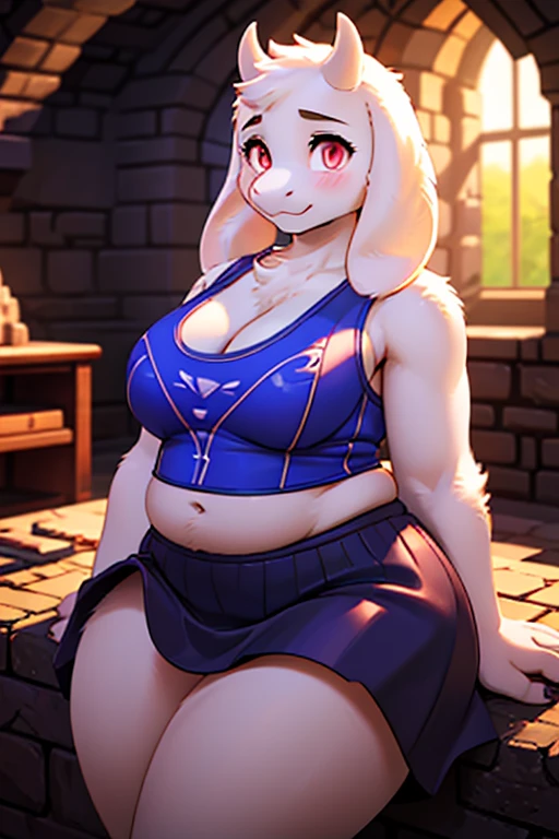 ((sfw)), character from Undertale Toriel, goat Furry, Beautiful cute face, Innocent, Charming, Sexually calm facial expression, Facing the camera, The body is covered with wool, Skin color: white, Body glare, ((pretty eyes)), red-eyes, ((Perfect Sexy Figure)), Curvy Perfect Body Shapes, big thighs, ((Subtle and beautiful)), ((Sexy Fantasy Clothing)), Sexually seductive position, Full-length, Dark castle cave inside background, Depth of field, ((ultra quality)), ((tmasterpiece)), clear image, crisp details, Realistic, Professional Photo Session, Clear Focus, the anime, Colorfully drawn, big bosom, blue tank top, midriff, black skirt, blushing, big belly