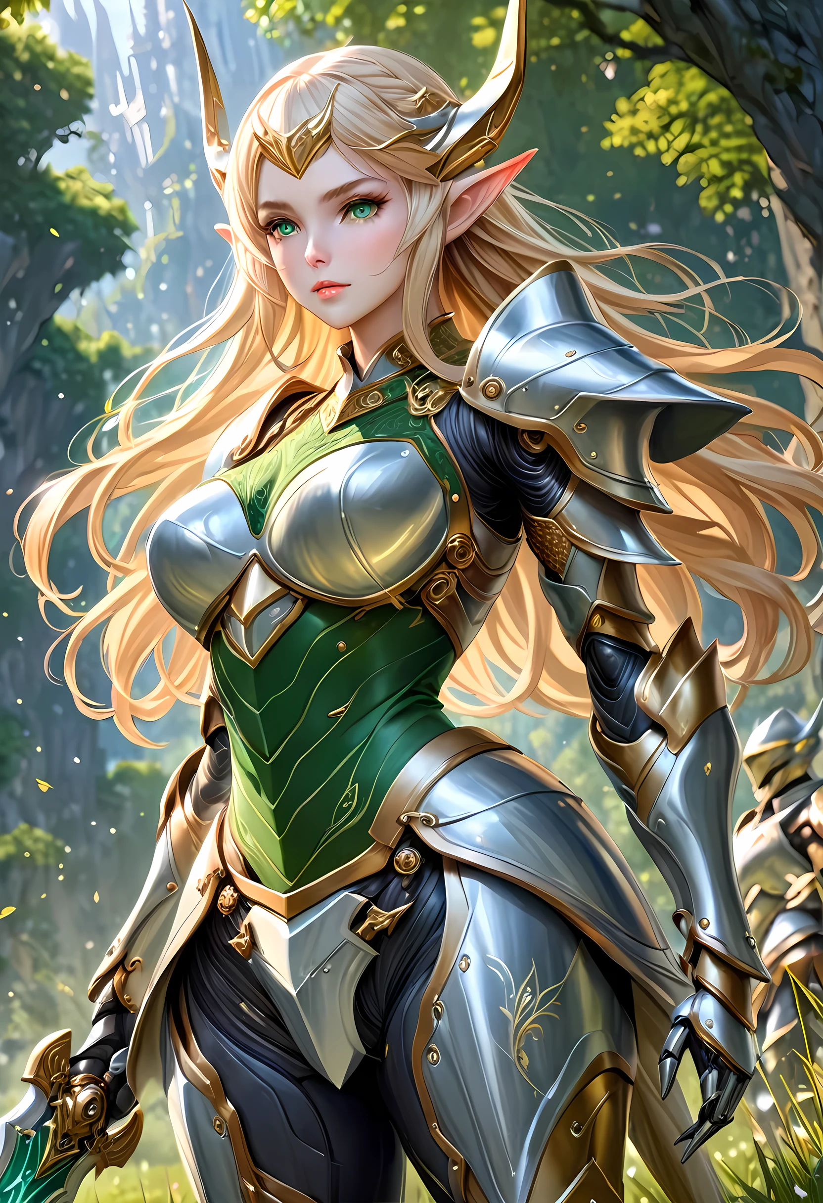 high details, best quality, 16k, [ultra detailed], masterpiece, best quality, (extremely detailed), full body, ultra wide shot, photorealistic, , fantasy art, dnd art, rpg art, realistic art, a wide angle, (((anatomically correct))) a wallpaper of an elf knight, elf warrior, princess knight, shinning knight, ready for battle with her mount (intense details, Masterpiece, best quality: 1.5), female elf (intense details, Masterpiece, best quality: 1.5), ultra detailed face, ultra feminine, fair skin, exquisite beauty, gold hair, long hair, wavy hair, small pointed ears, dynamic eyes color, wearing heavy mech armor, shinning metal, armed with elven sword, green meadows, blue skies background and some clouds background depth of field (intricate details, Masterpiece, best quality: 1.5), full body (intricate details, Masterpiece, best quality: 1.5), high details, best quality, highres, ultra wide angle, cybrk